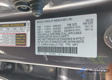 2020 Honda Cr-V 2Wd Touring from USA, damaged, VIN 5J6RW1H95LL011782